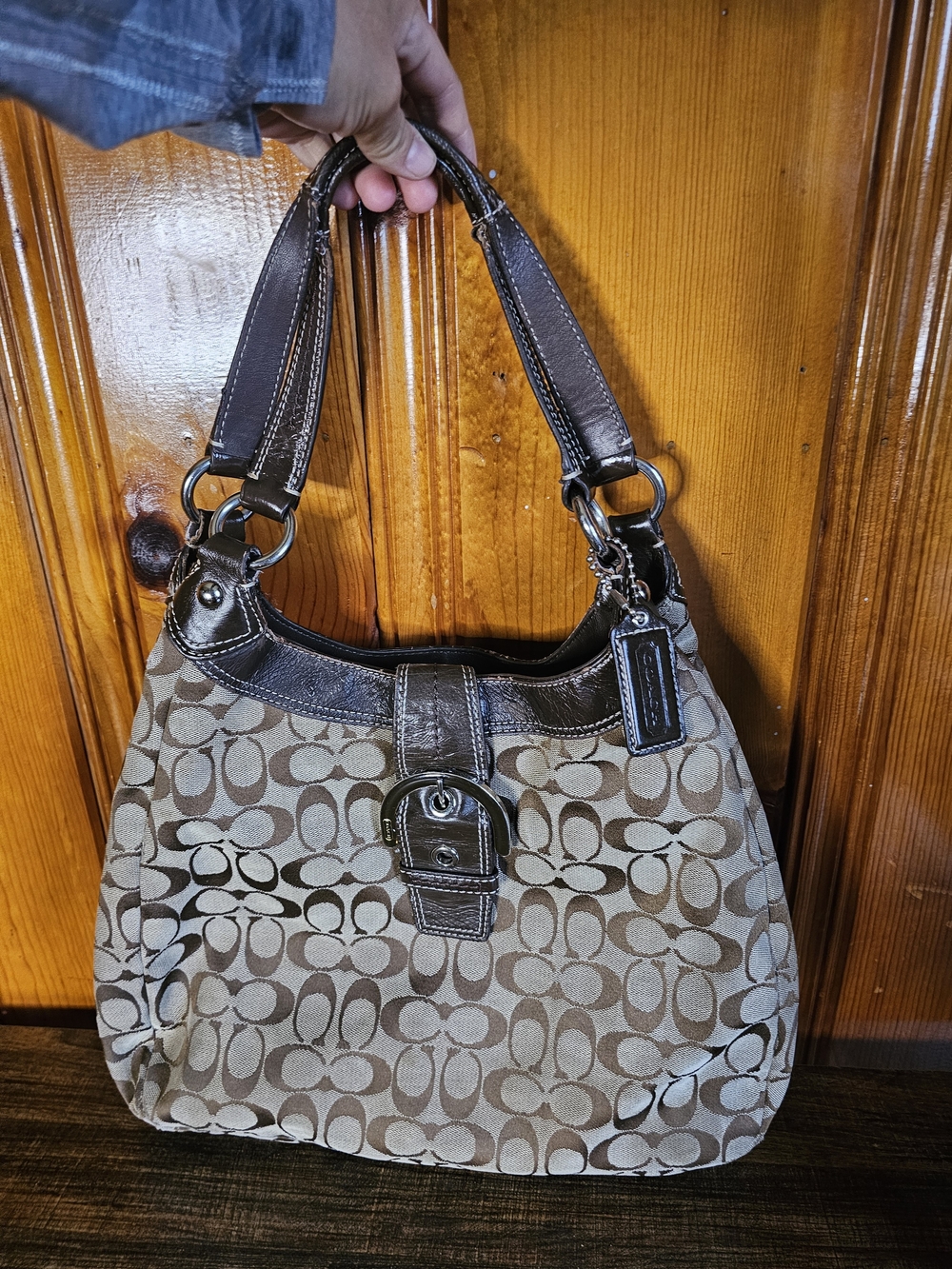 Vintage Coach Signature Canvas Shoulder Bag in Khaki/Chocolate